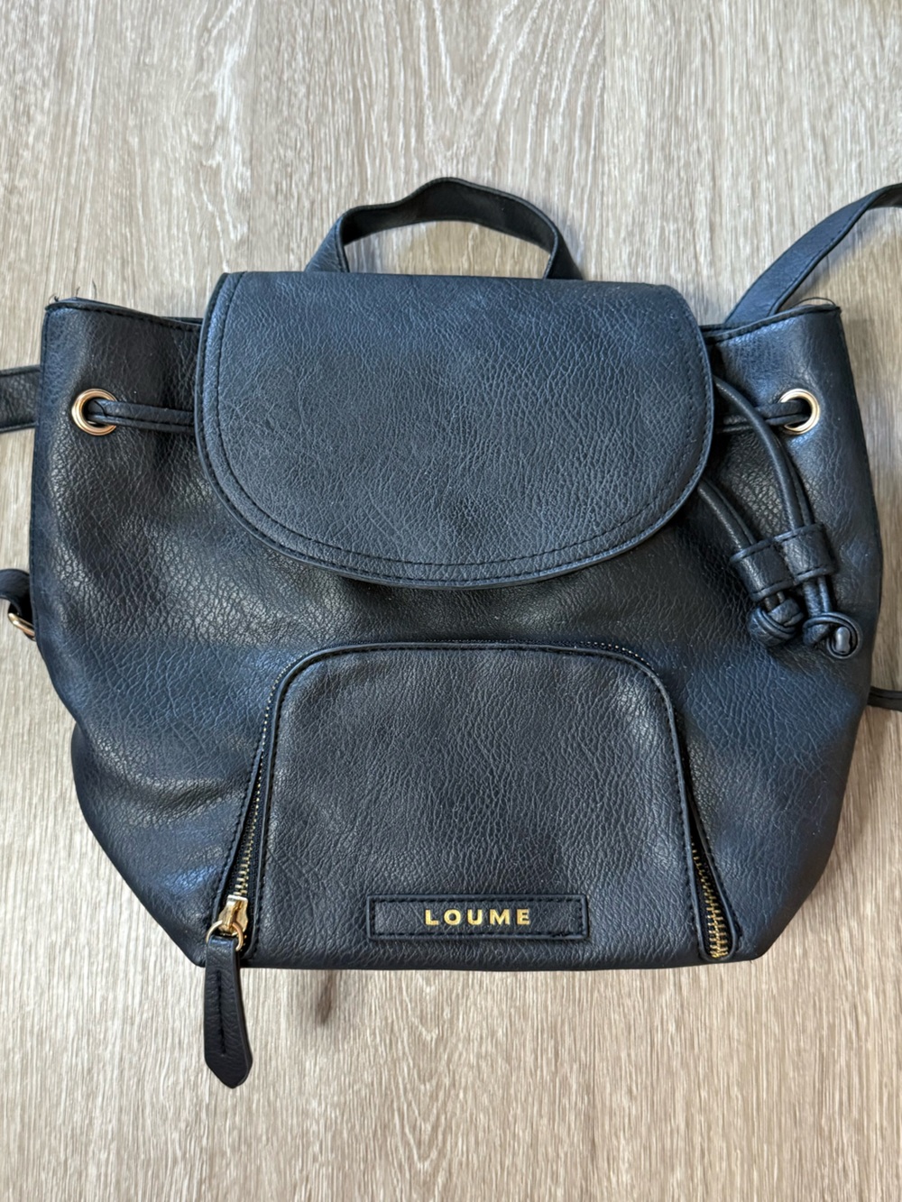 Loume Black Mini Backpack Purse Faux Leather Gold Hardware Drawstring Bag